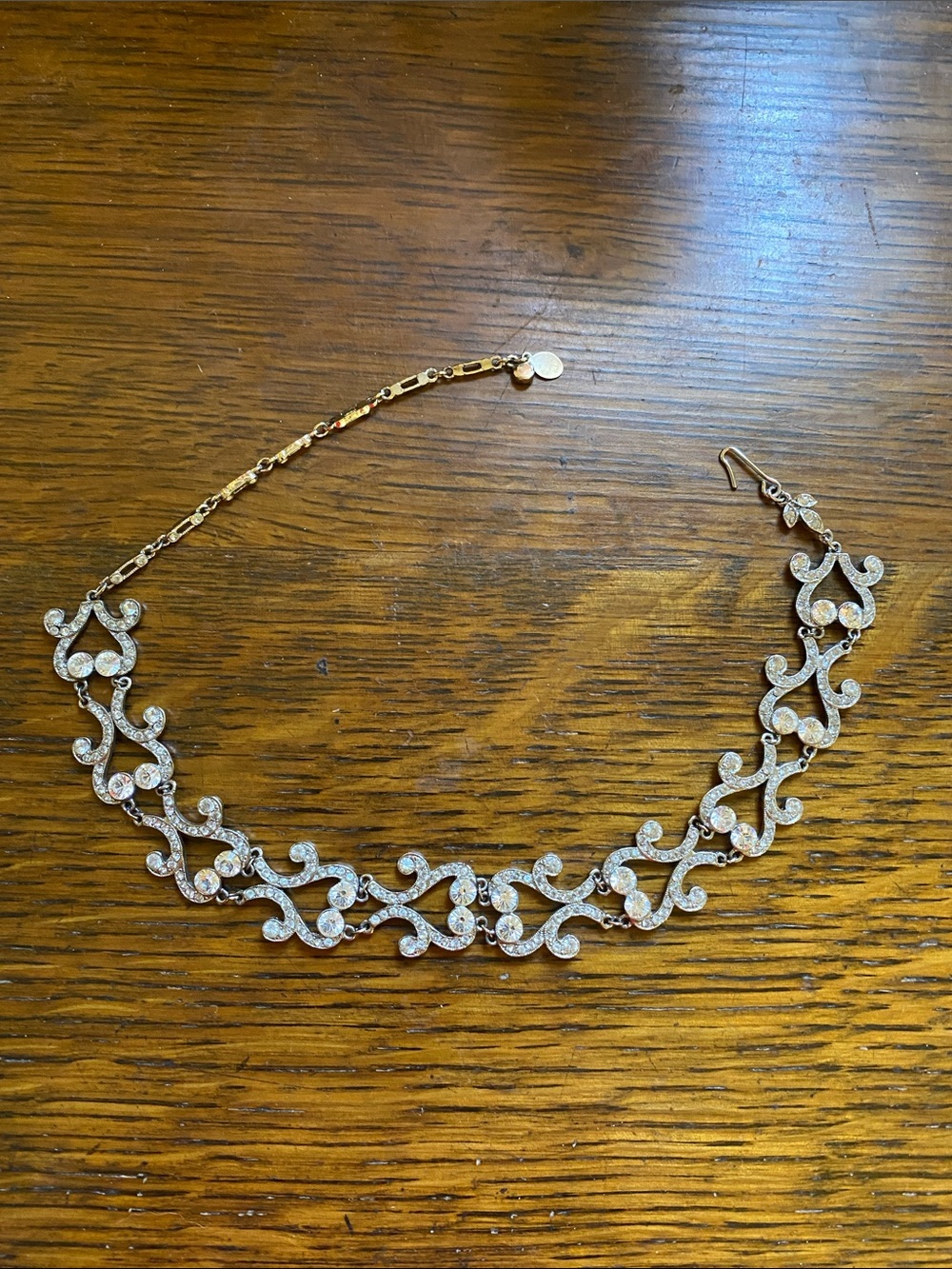 Silver Tone Crystal Scroll Choker Necklace